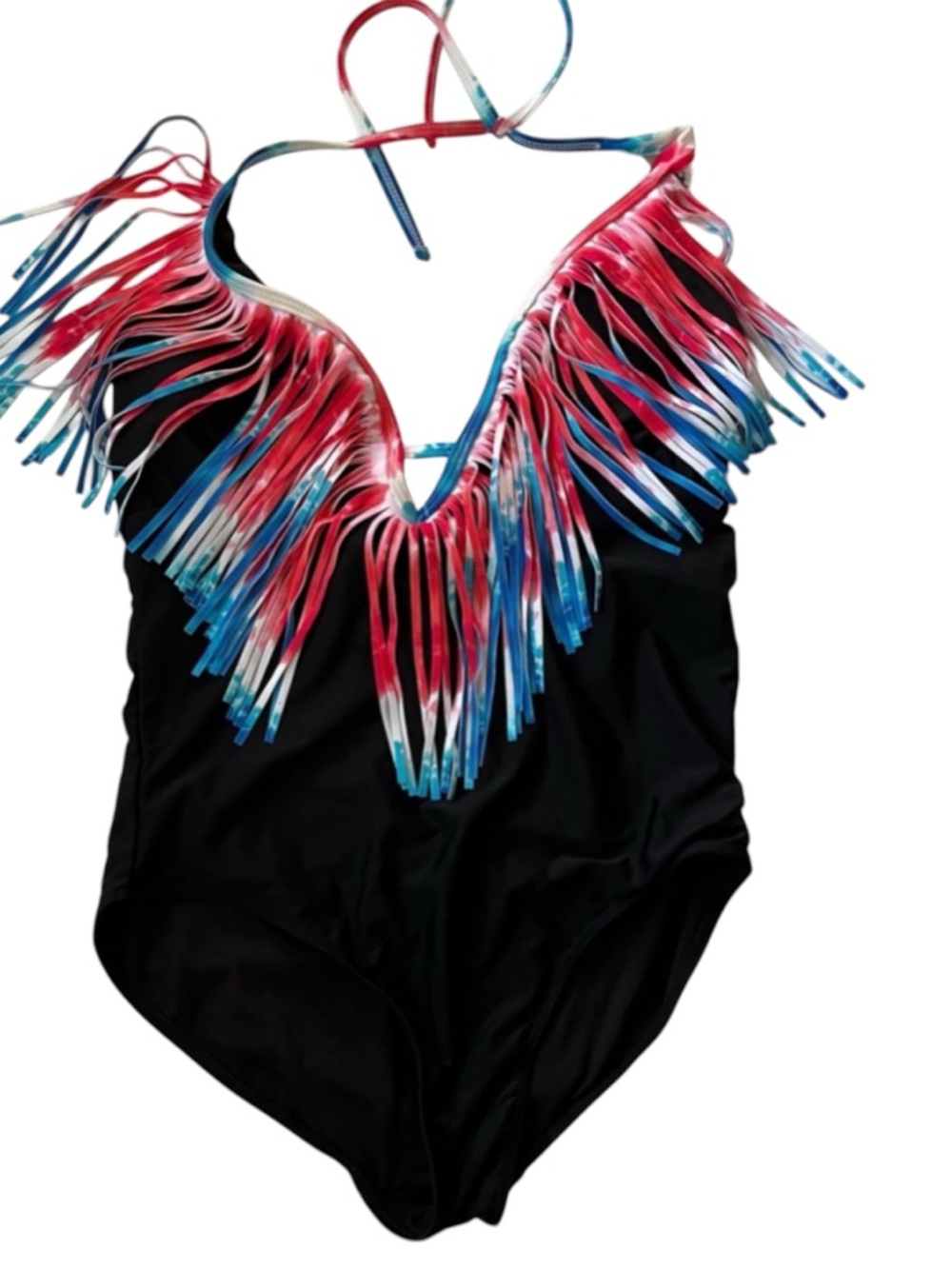 OP Patriotic Tie Dye Fringe Halter One Piece Swimsuit Large 11-13